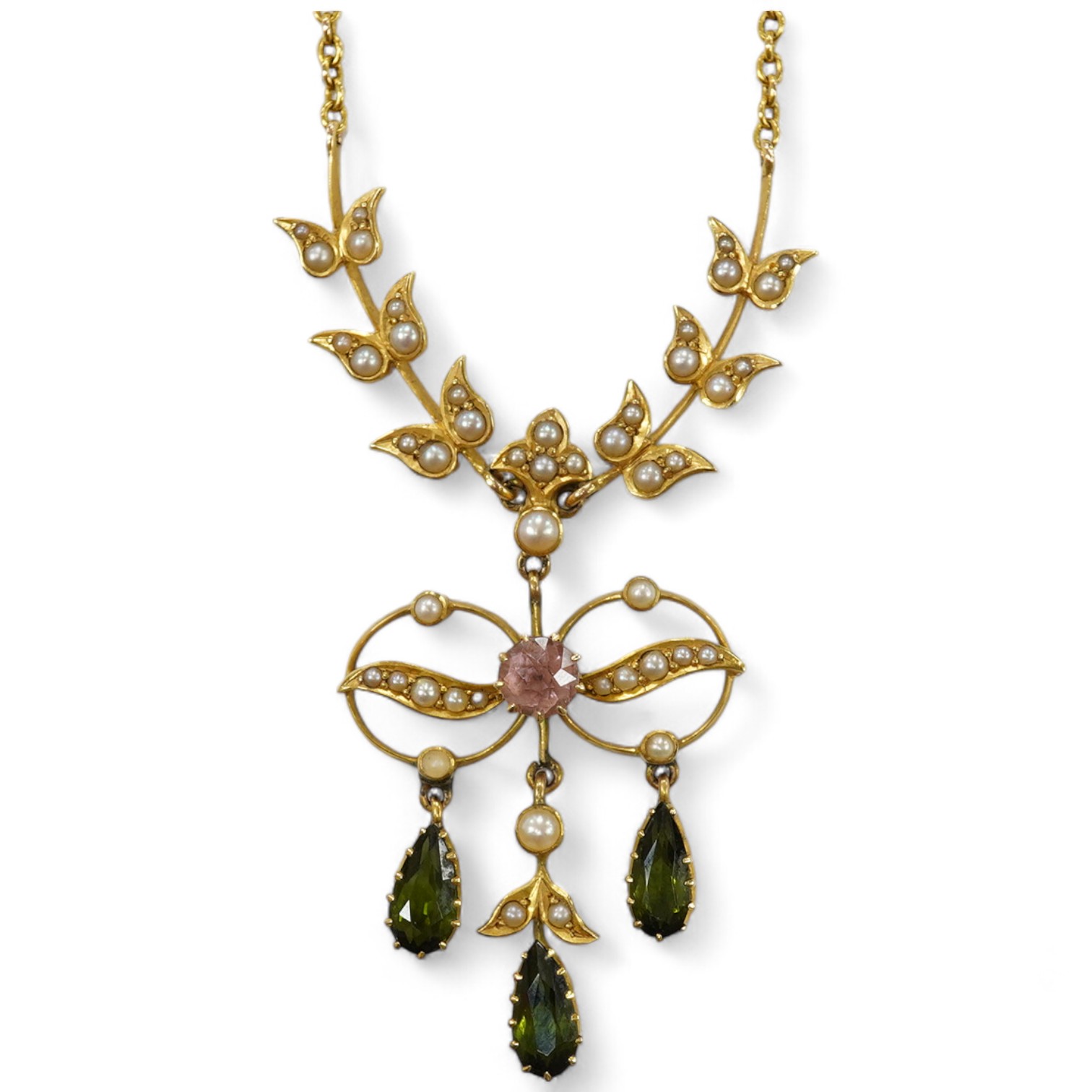 An early 20th century yellow metal and gem cluster set drop pendant necklace, 45cm, gross weight 12.7 grams. Condition - fair to good